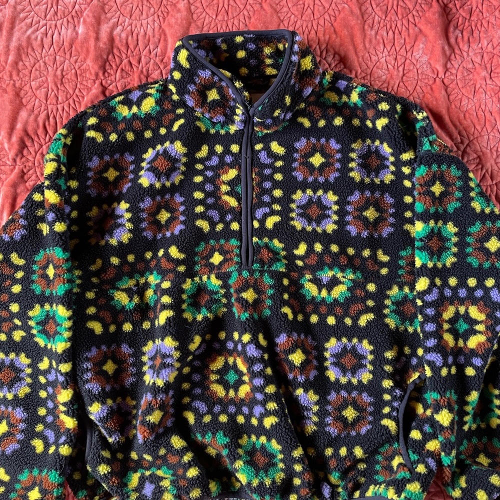 BDG Black and Yellow Zip Up Sweater with Geometric Pattern
